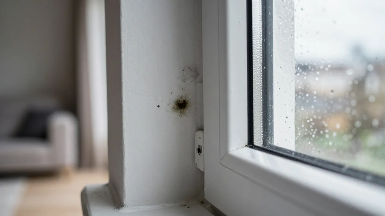 Manchas de moho oscuro se extienden por una pared blanca con gotas de condensación.