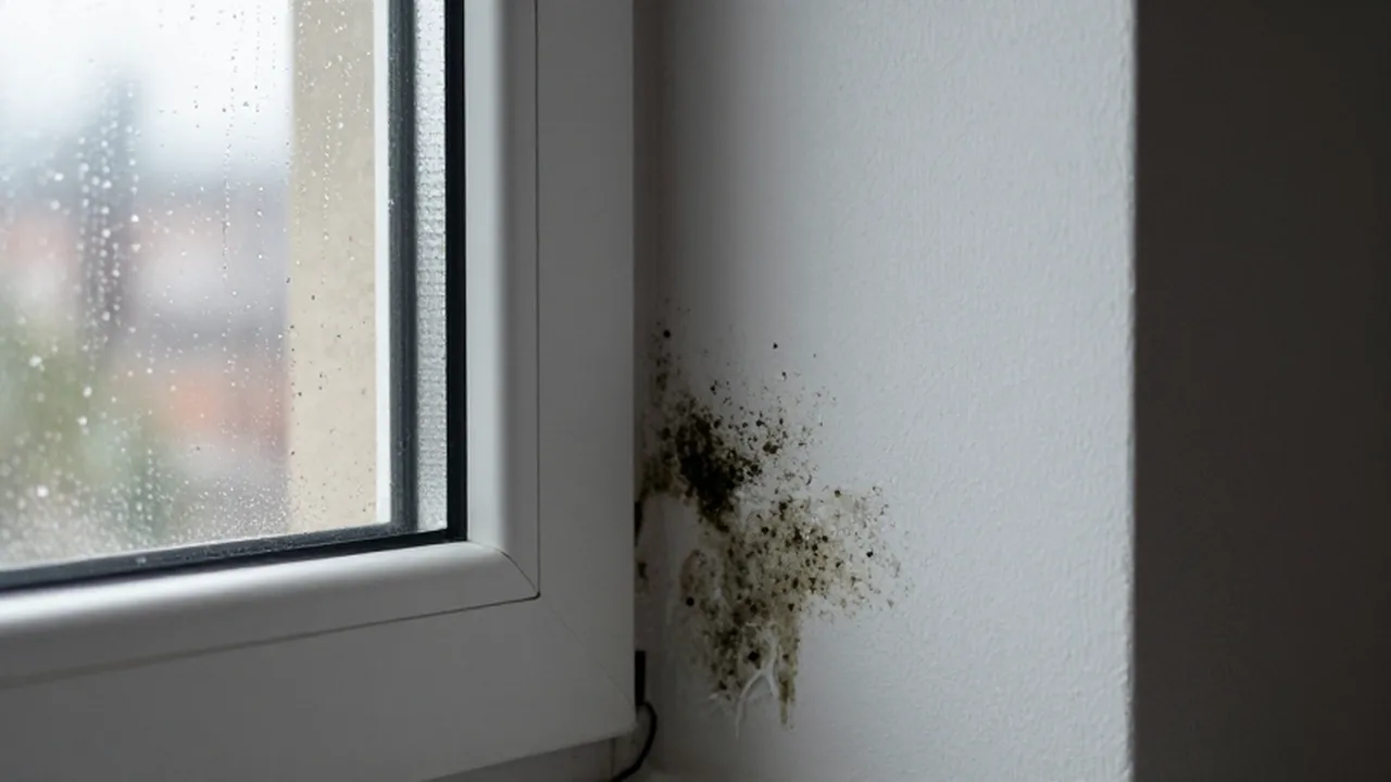 Manchas de moho negro se extienden sobre la pintura blanca desconchada de una pared húmeda.