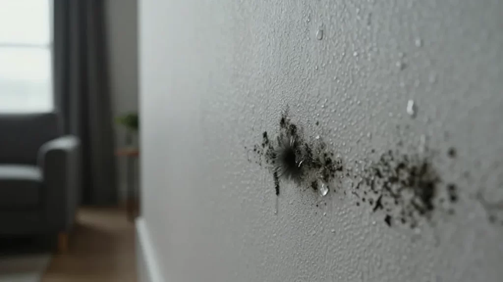 Manchas de moho negro y gotas de condensación sobre una pared blanca húmeda.