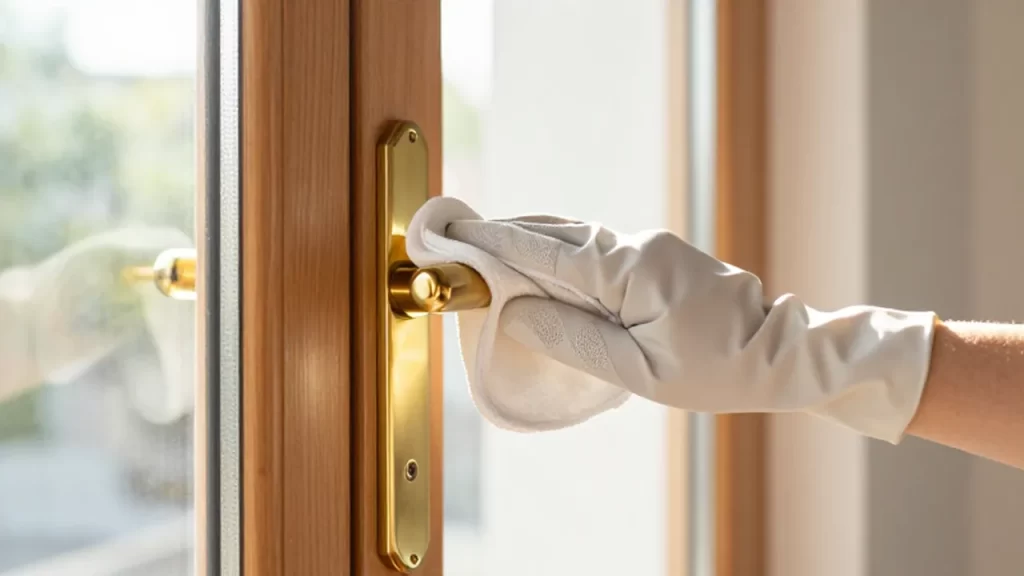 Una mano con guante de microfibra limpia un pomo de latón brillante en una puerta.