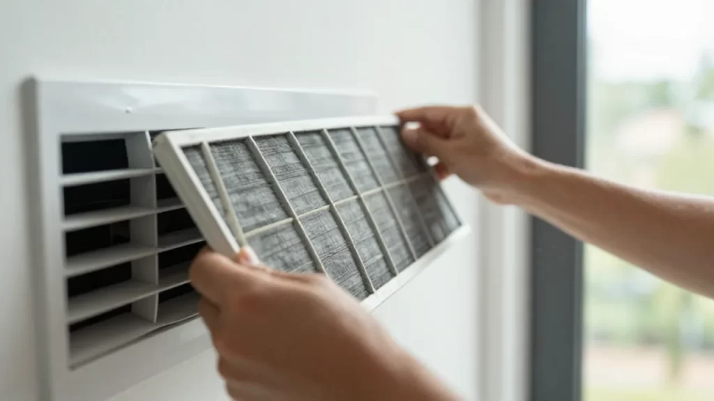 Manos extrayendo un filtro de aire de calefacción cubierto de polvo de una rejilla de ventilación.