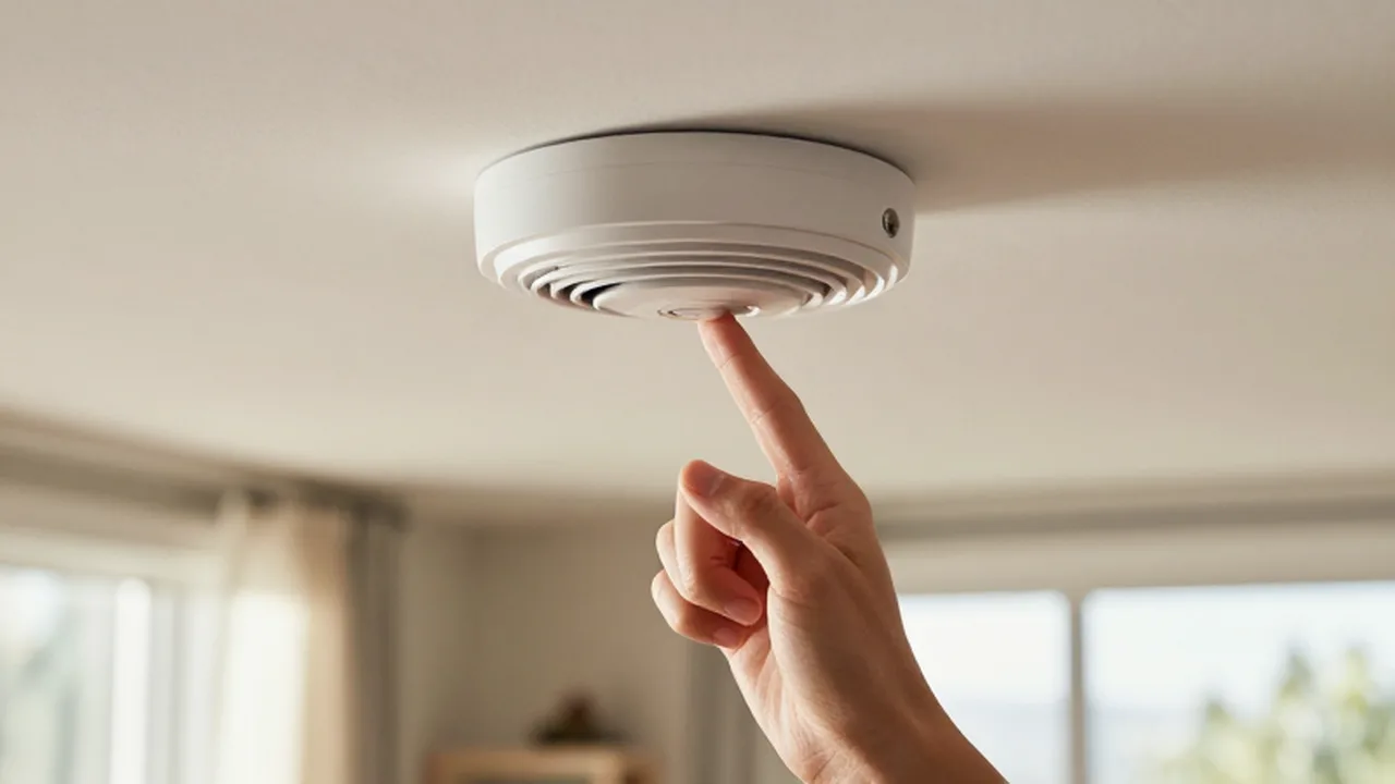 Una mano presiona el botón de prueba de un detector de humo blanco en un techo moderno.