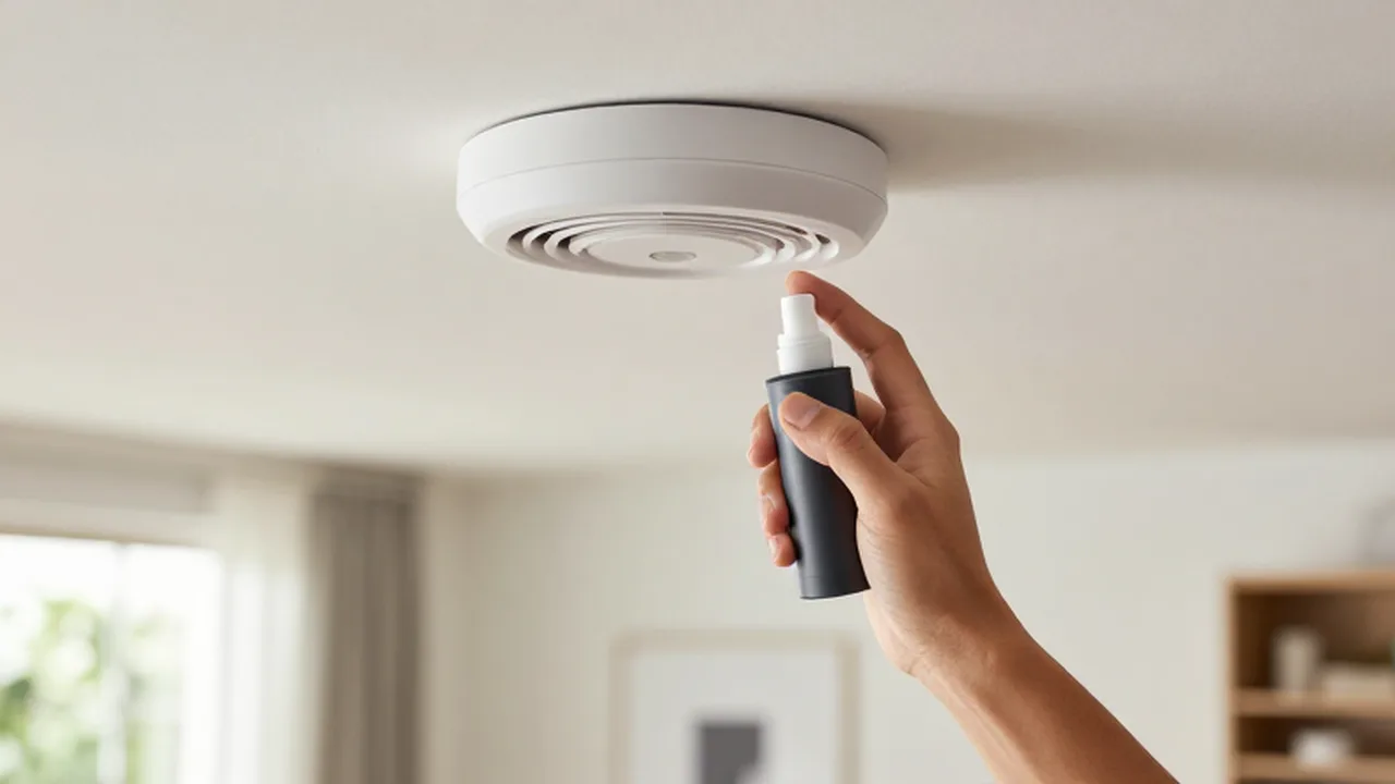 Persona probando un detector de humo blanco en el techo de una vivienda con spray especializado.