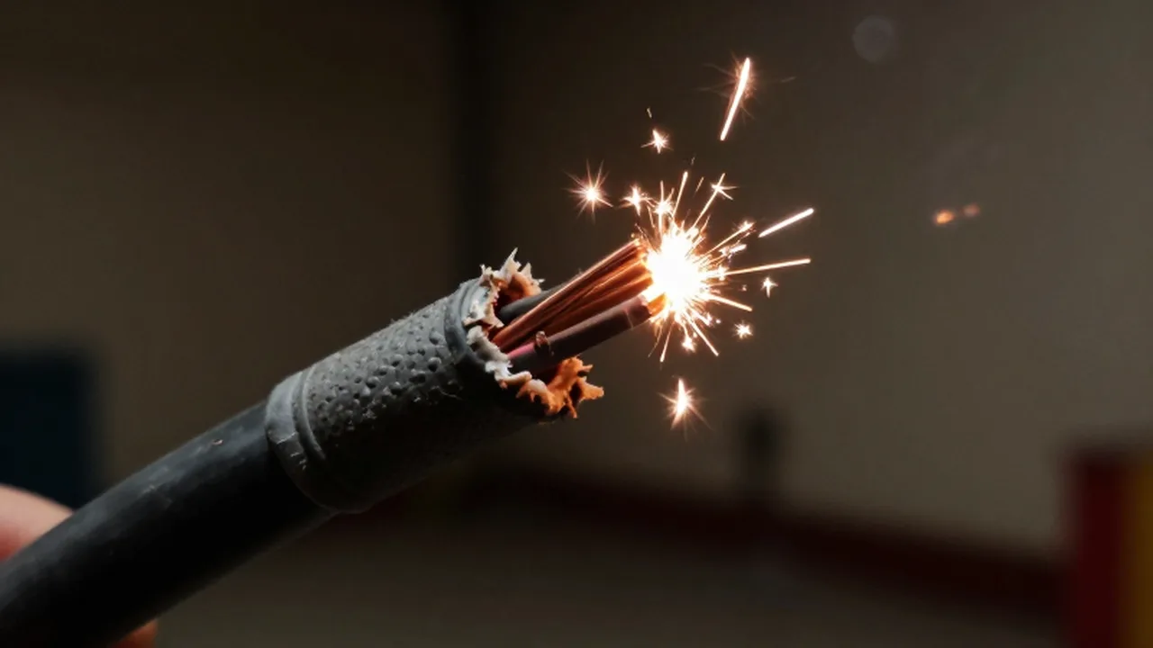 Cable eléctrico desgastado con hilos de cobre expuestos y chispas en una habitación oscura.