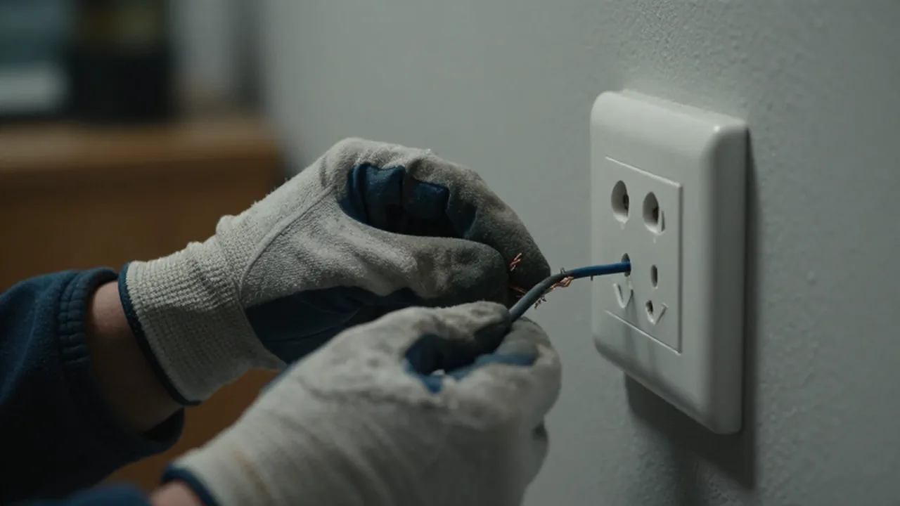 Manos con guantes de protección revisando un cable eléctrico deshilachado junto a un enchufe.