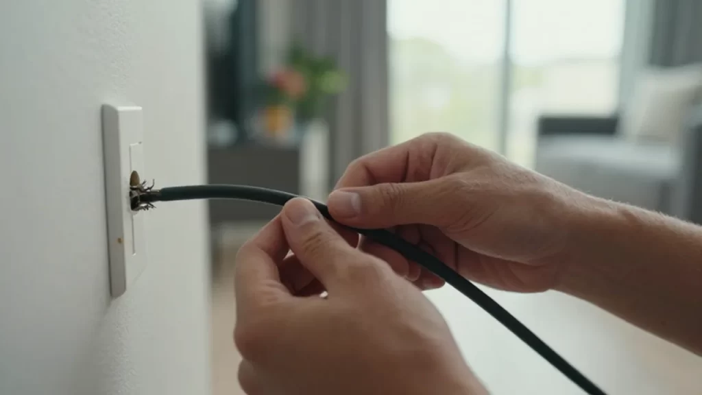 Manos inspeccionando con cuidado un cable eléctrico desgastado cerca de un zócalo en una sala.