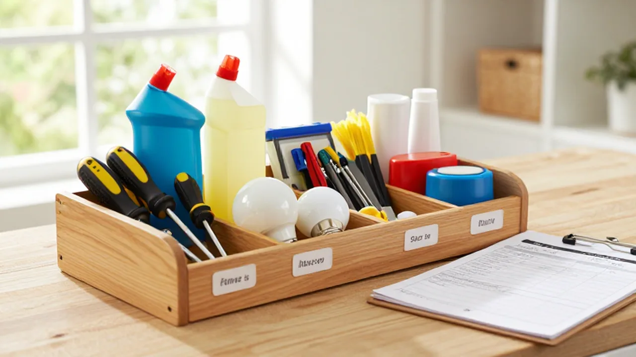 Estante de madera organizado con herramientas, productos de limpieza y una lista de inventario.