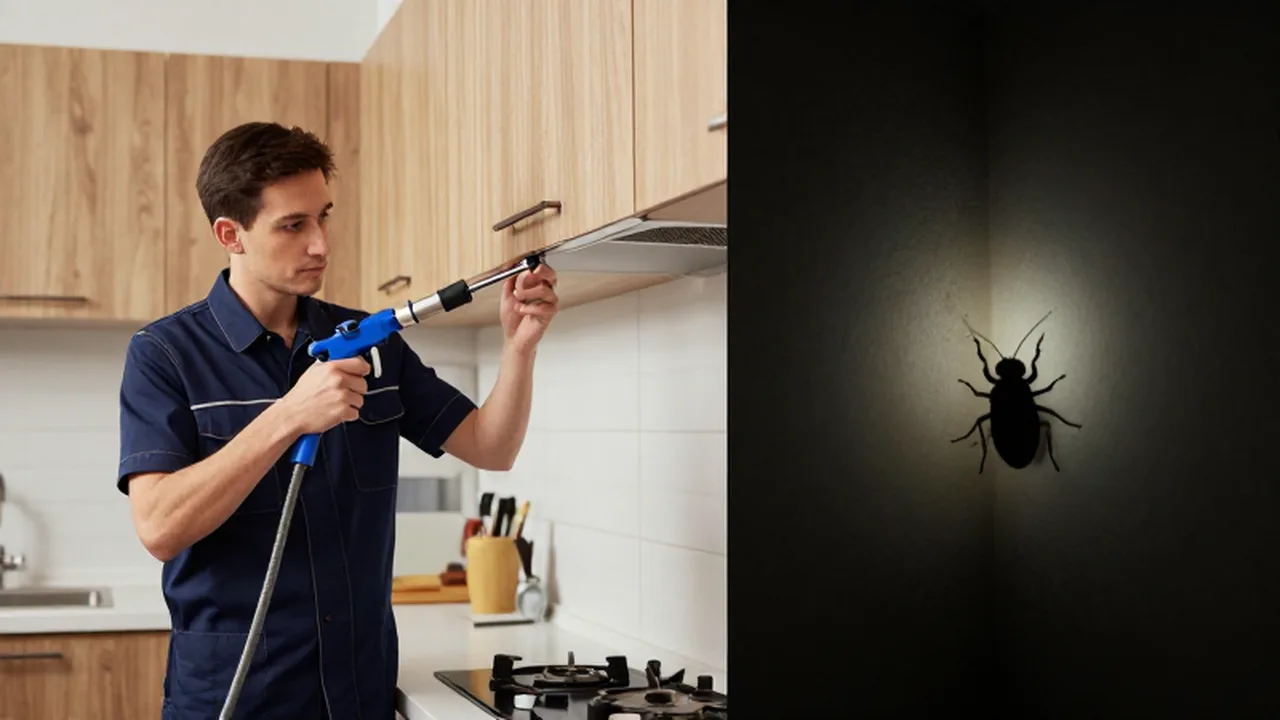 Un técnico realiza mantenimiento preventivo en una cocina moderna junto a una zona con presencia de insectos.