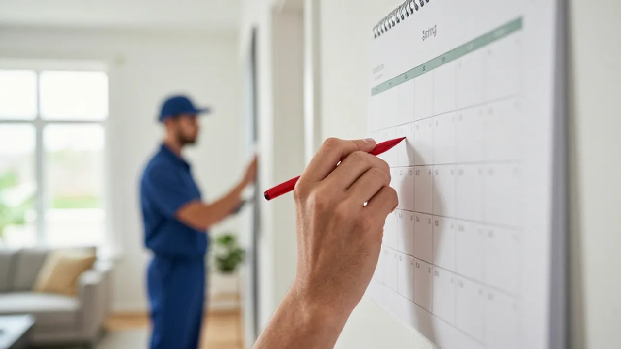Mano marcando un calendario de pared con un bolígrafo rojo frente a un técnico de control de plagas.