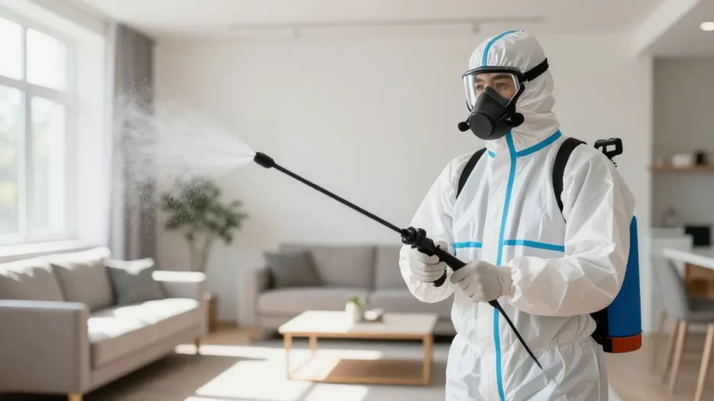 Técnico de control de plagas con equipo de protección aplicando spray en una sala moderna.