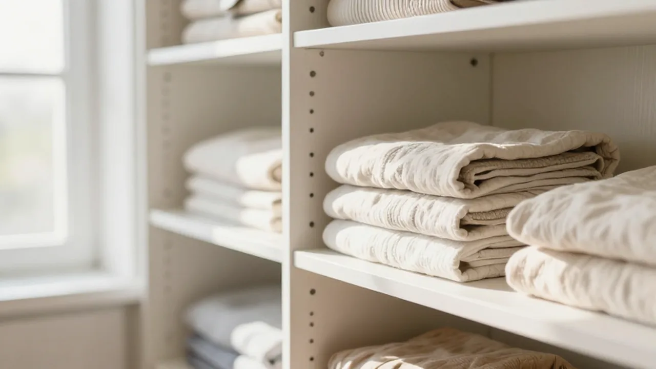 Armario de madera organizado con ropa de lino doblada y cajas minimalistas bajo luz natural.