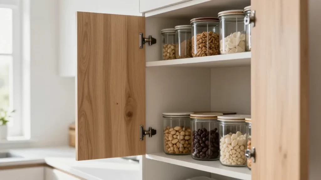 Alacena de madera abierta con frascos de vidrio organizados y ordenadamente en una cocina luminosa.
