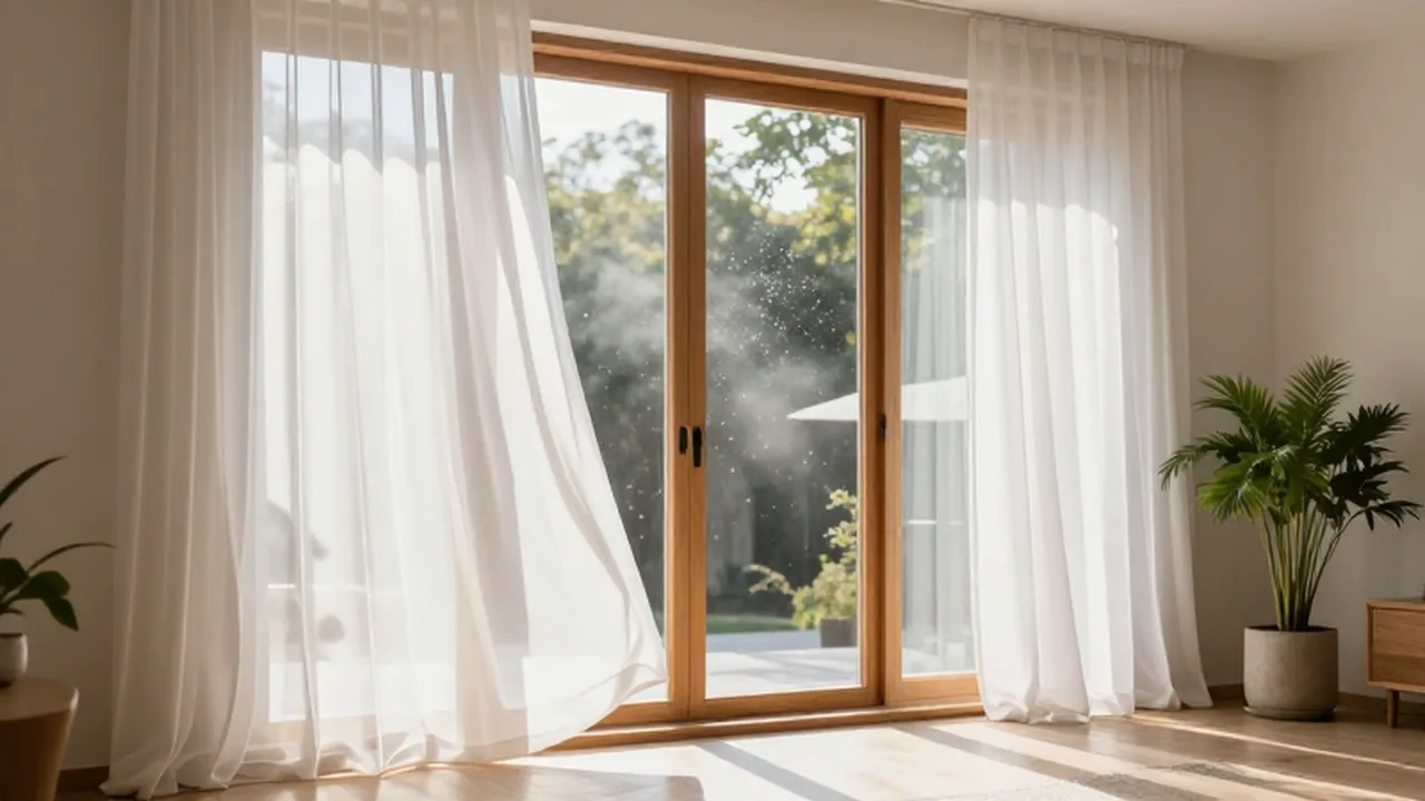 Luz solar matutina entrando por una ventana abierta con cortinas blancas en un salón minimalista.
