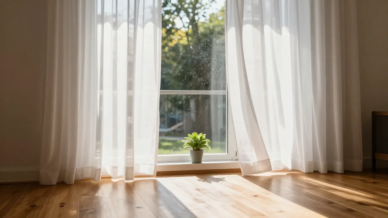 Luminoso salón con una ventana abierta donde la luz del sol entra entre cortinas blancas.