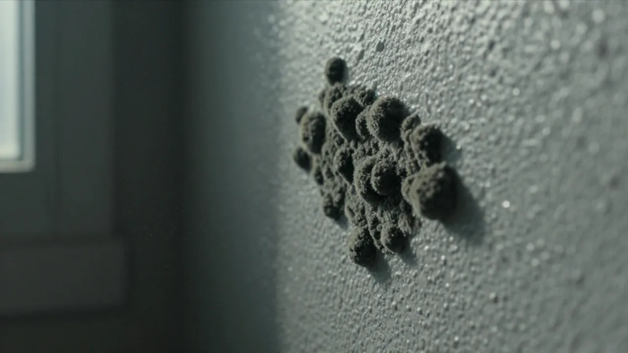 Manchas de moho oscuro extendiéndose sobre la superficie de una pared de yeso blanca.