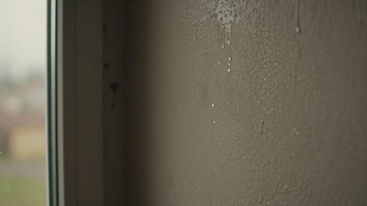 Esquina de una pared con humedad, gotas de condensación y pintura descascarada junto a una ventana.