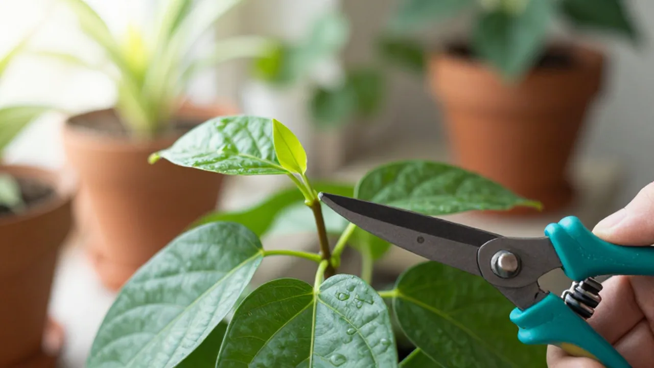 Unas tijeras de jardinería podan con cuidado un tallo verde con brotes nuevos bajo la luz del sol.