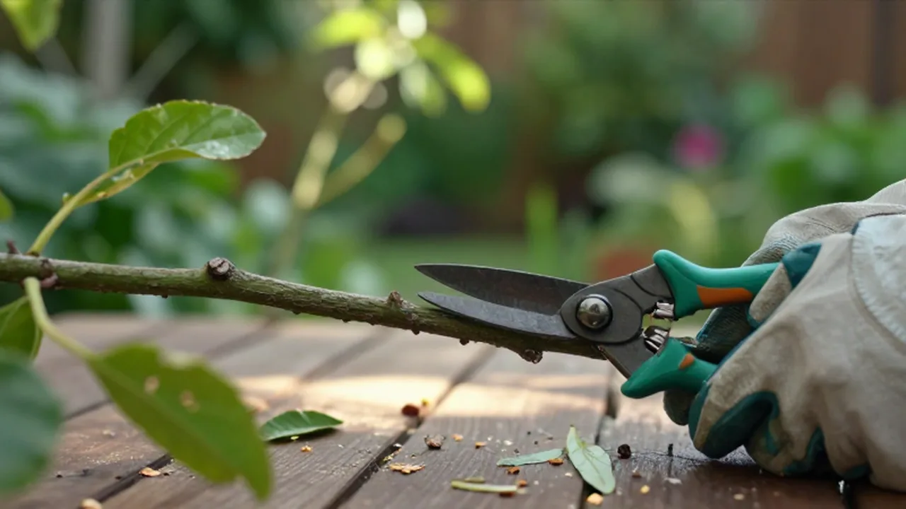 Manos con guantes de jardinería cortando una rama verde con tijeras sobre una mesa de madera.
