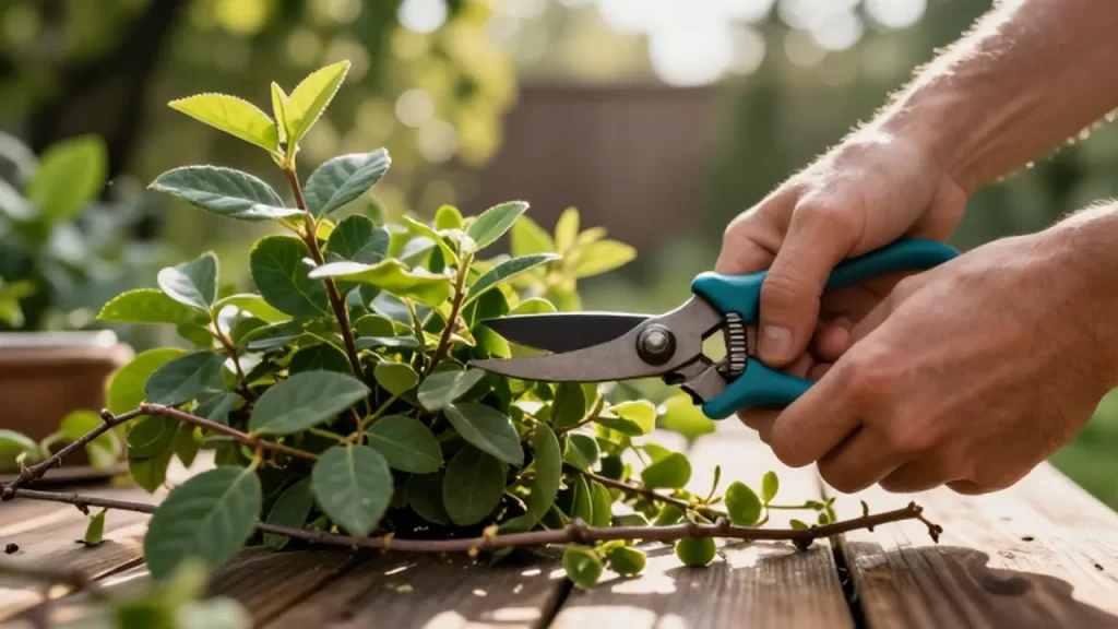 Manos de un jardinero recortando un arbusto verde con tijeras sobre una mesa de madera.