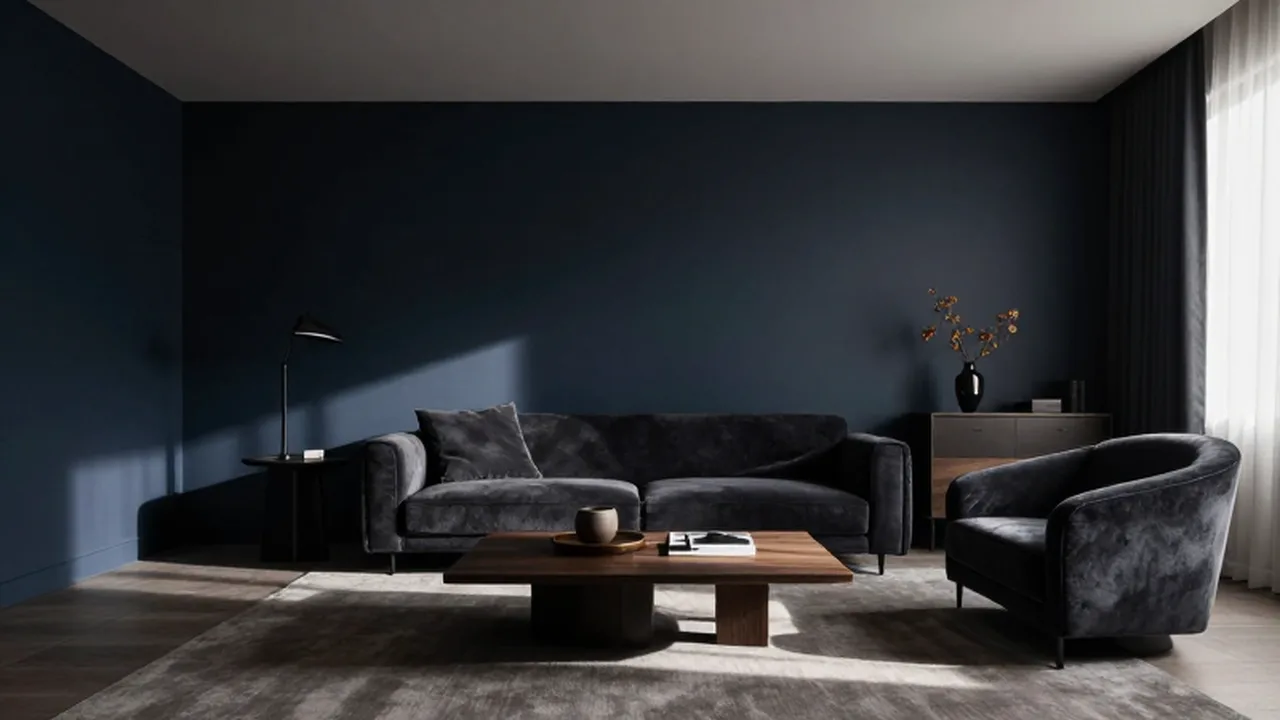 Salón moderno con paredes azul marino, sillón de terciopelo oscuro y una mesa de madera minimalista.
