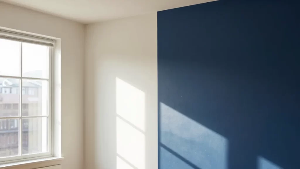 Luz solar entrando por una ventana sobre paredes de tonos crema y azul marino.