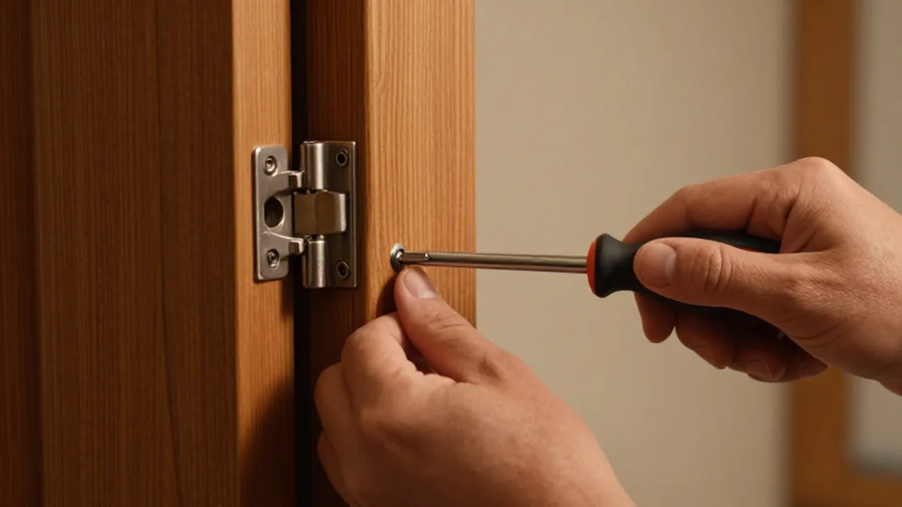 Manos ajustando con un destornillador el tornillo de una bisagra metálica en una puerta de madera.