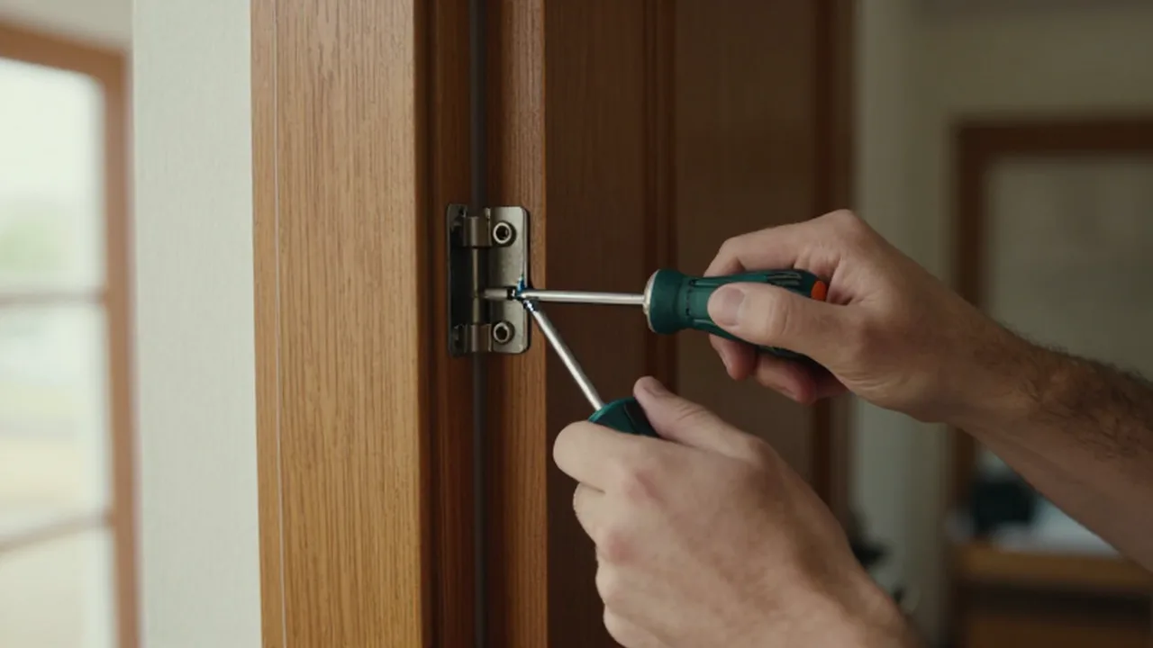 Manos ajustando con un destornillador manual la bisagra metálica de una puerta de madera.
