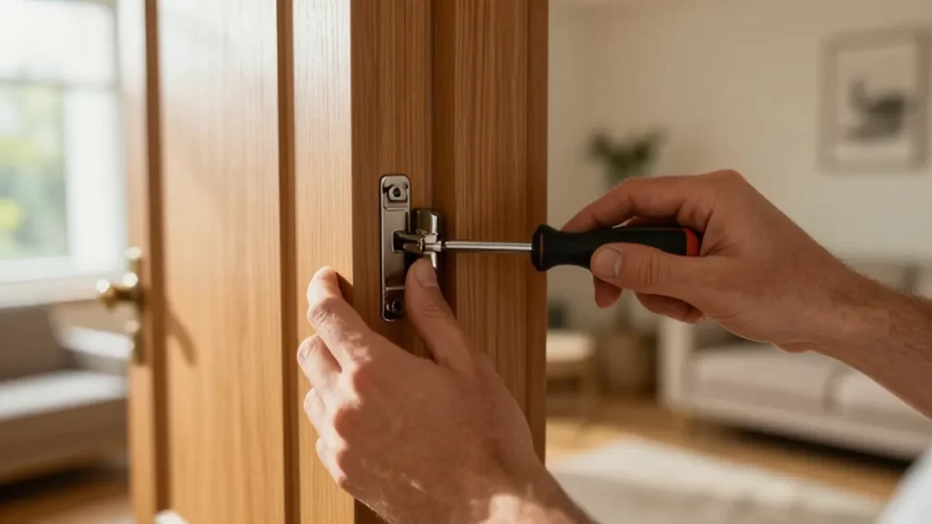 Manos ajustando con un destornillador la bisagra metálica de una puerta de madera.