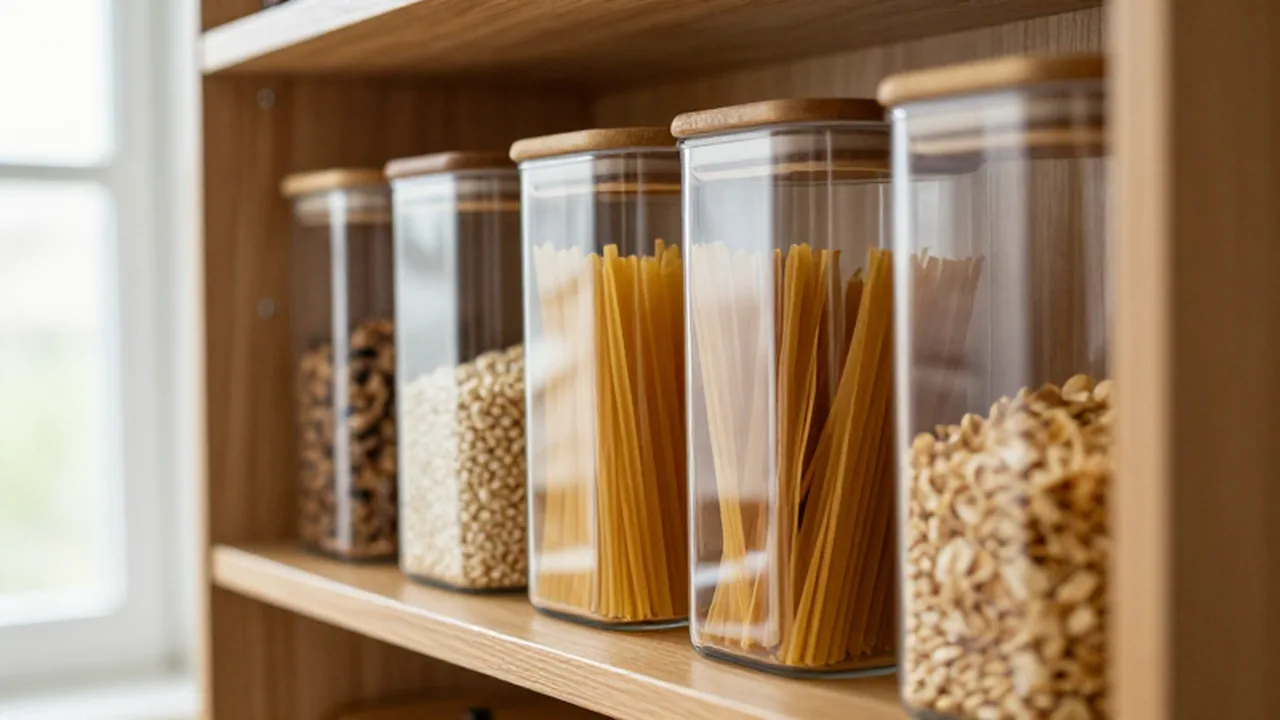 Recipientes de vidrio con tapas de bambú llenos de pasta y granos en un estante de madera.