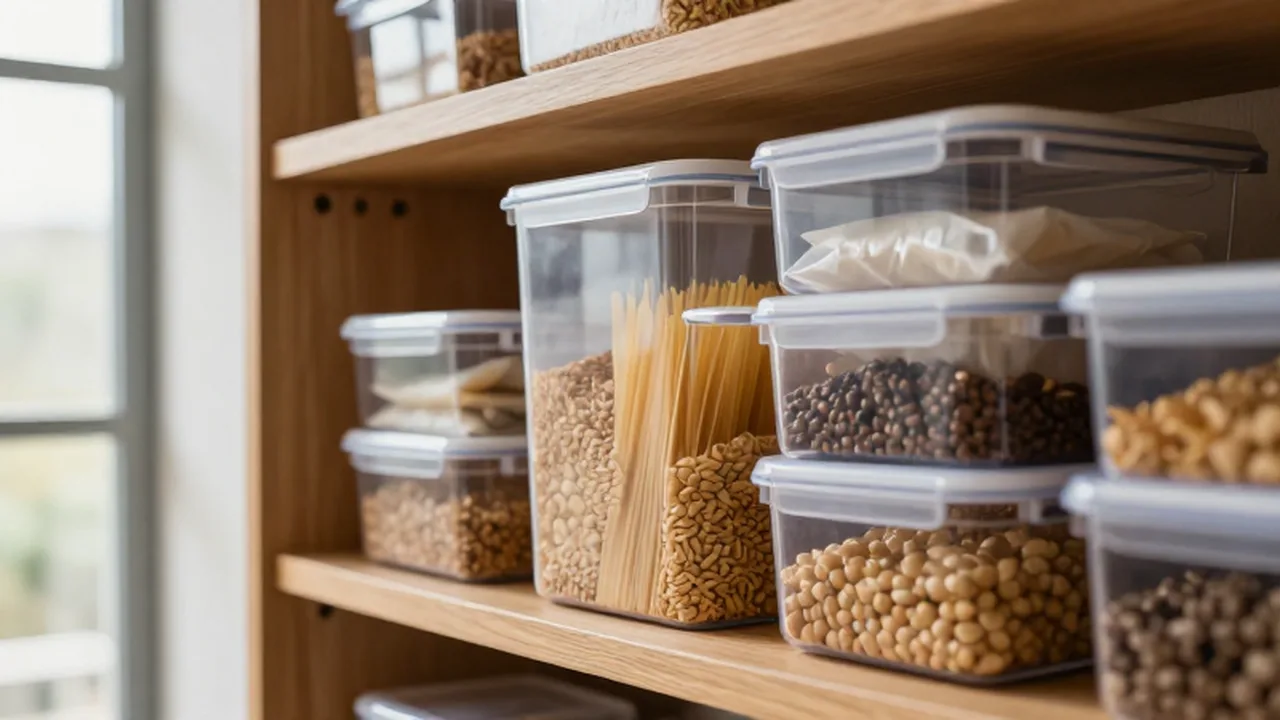 Recipientes transparentes con granos y pastas organizados sobre estantes de madera en una despensa.