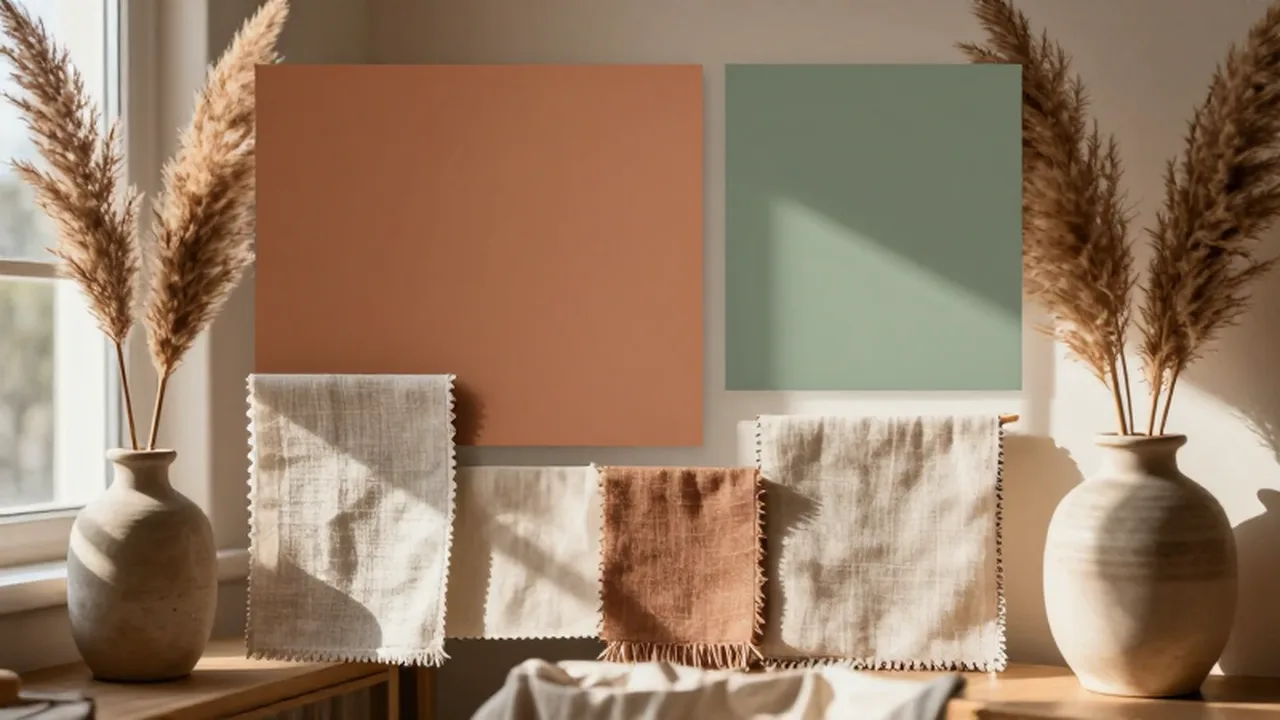 Mood board de diseño bohemio con muestras de pintura terracota, lino y pampa seca.