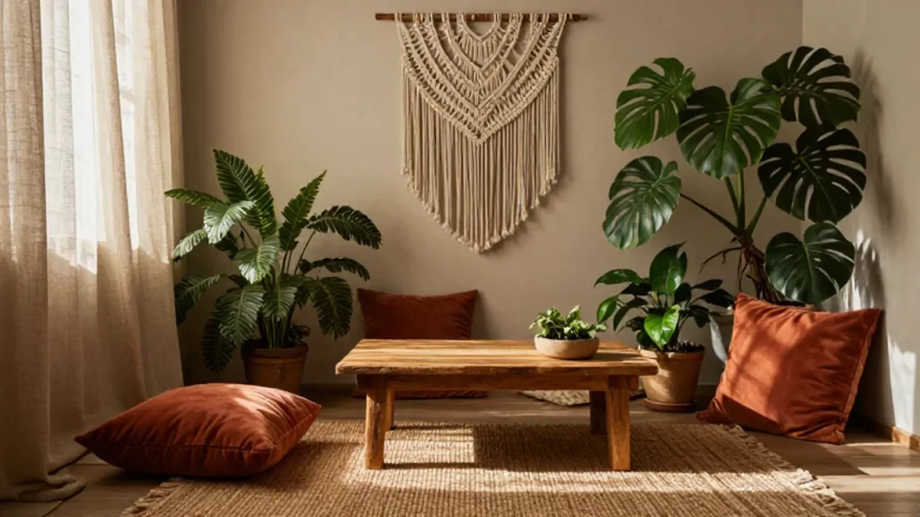 Salón de estilo bohemio con plantas naturales