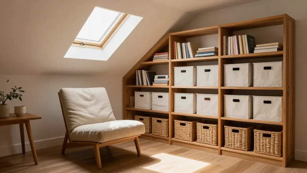 Rincón acogedor en un ático con estanterías de madera organizadas y un sillón de lectura iluminado por la luz natural.