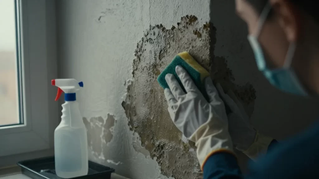 Persona con guantes y mascarilla limpiando manchas de moho oscuro en una pared húmeda.