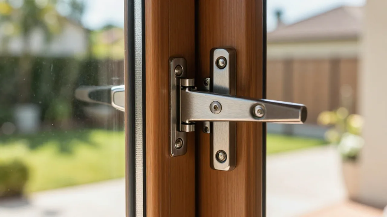 Primer plano de un cerrojo de seguridad de acero inoxidable instalado en una ventana moderna.