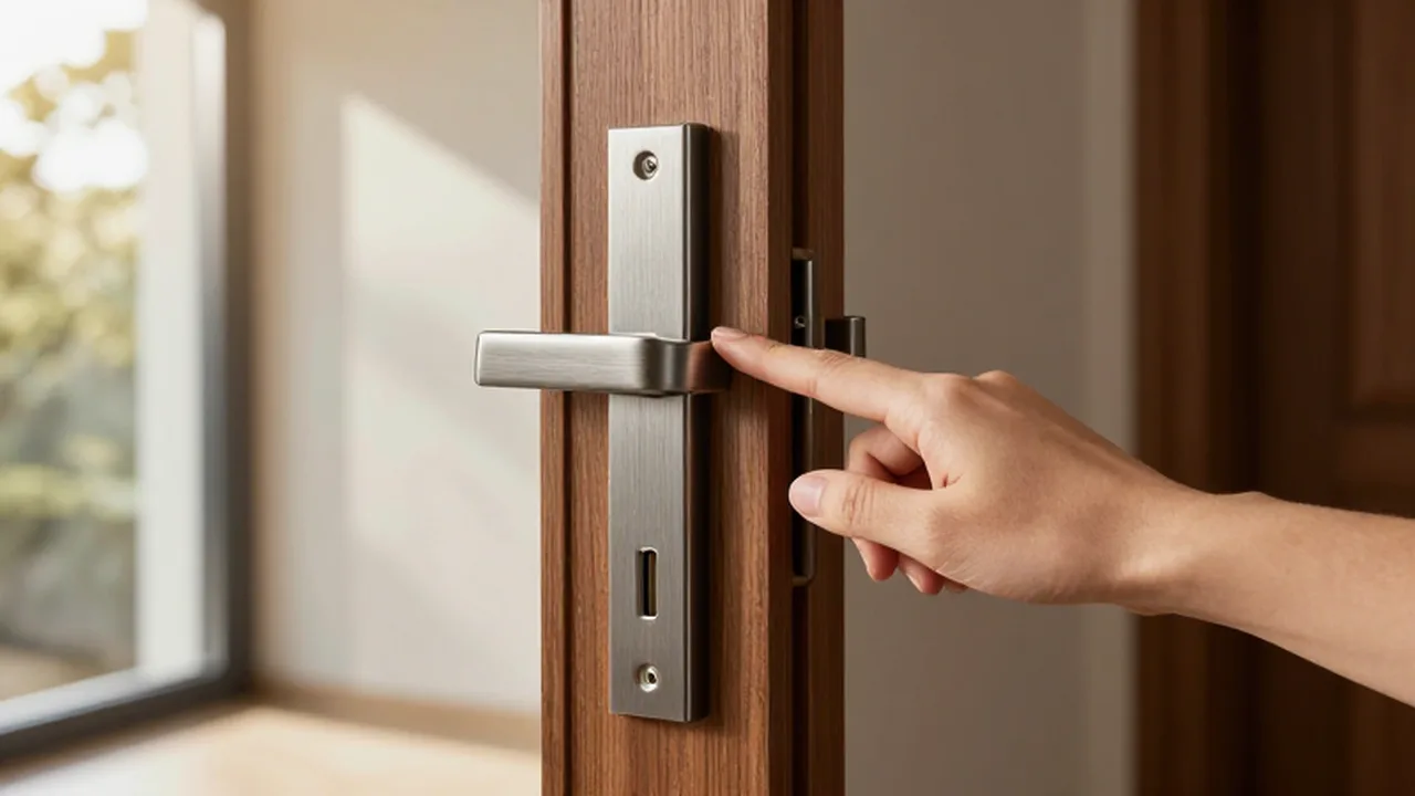 Una mano comprueba la seguridad de un cerrojo metálico en una puerta de madera.