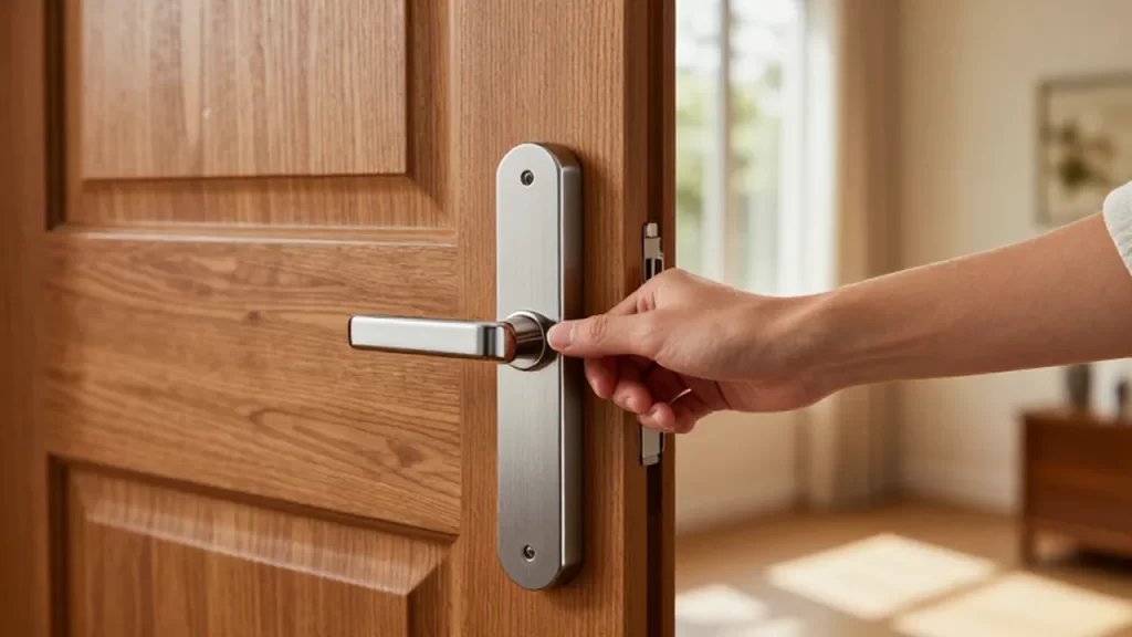 Una mano cierra el cerrojo de plata de una puerta de madera moderna.
