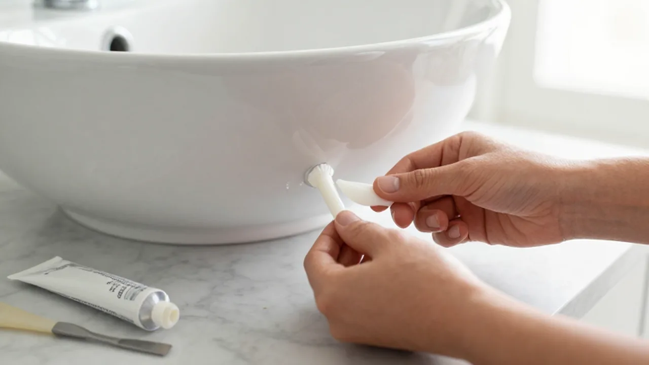 Manos aplicando sellador de silicona blanca en la base de un lavabo de cerámica.