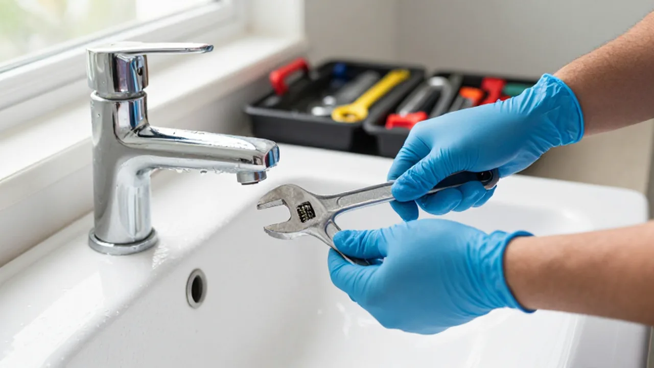 Manos con guantes azules ajustando un grifo cromado bajo un lavabo blanco con herramientas profesionales.