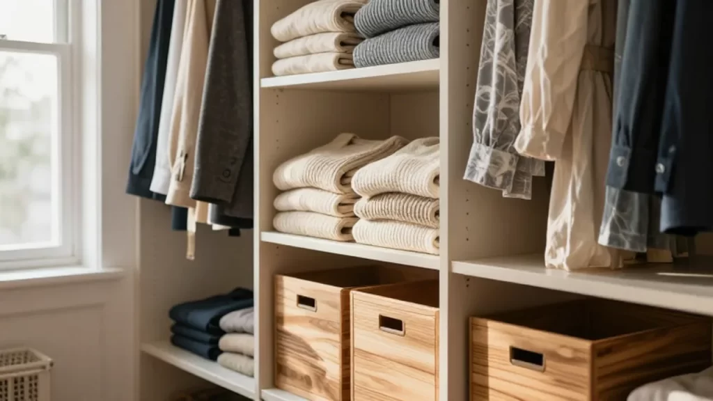 Vestidor organizado con ropa de distintas estaciones y cestas de madera bajo luz natural.