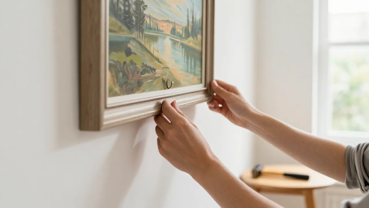 Manos colgando con cuidado un cuadro con paisaje en una pared blanca iluminada por el sol.