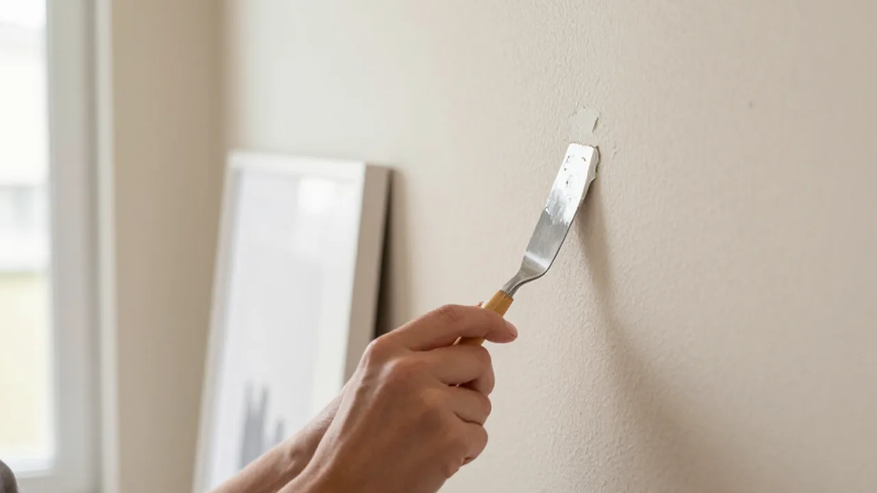 Manos aplicando masilla blanca con una espátula pequeña sobre un agujero en una pared beige.