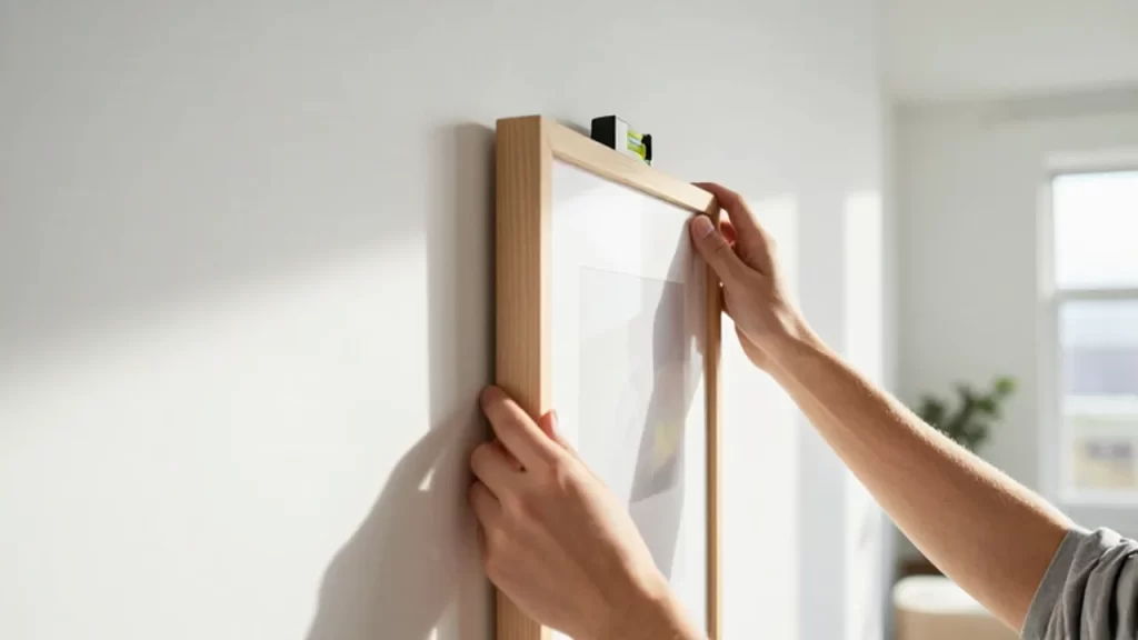 Manos colocando un cuadro de madera minimalista sobre una pared blanca con luz natural.