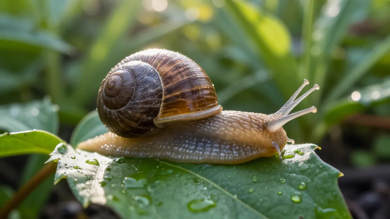 Caracol con concha translúcida deslizándose por una hoja verde húmeda bajo la luz del sol.