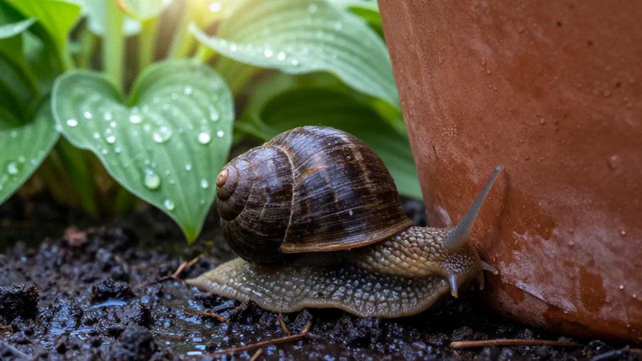 Caracol deslizándose sobre una maceta de terracota húmeda rodeado de hojas verdes y rocío.