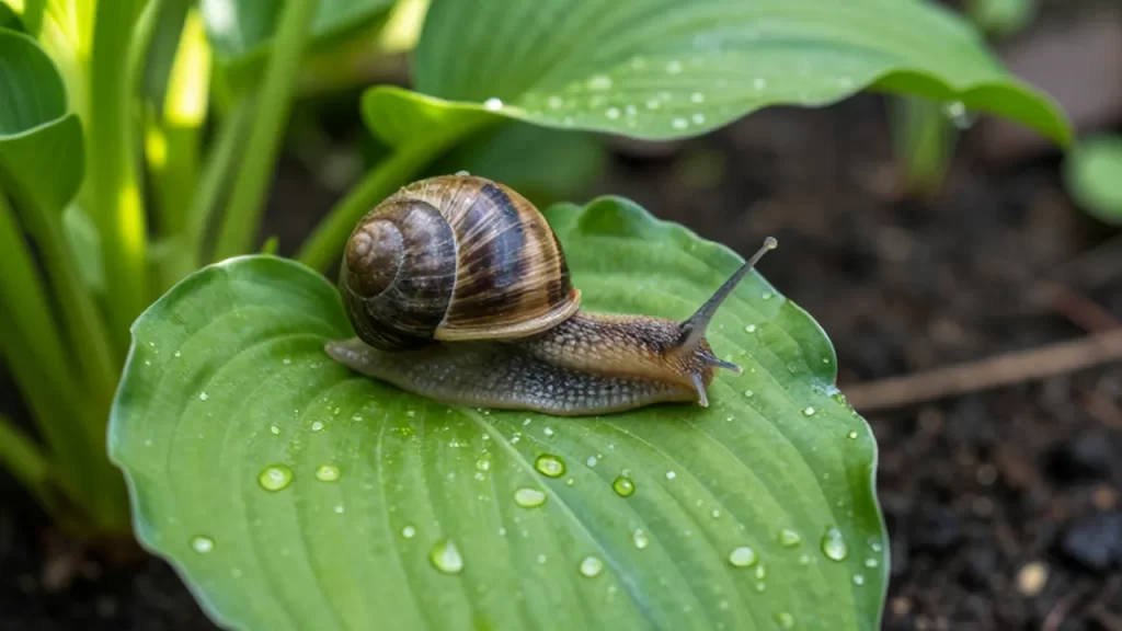 Caracol de jardín deslizándose sobre una hoja verde de hosta con gotas de rocío.