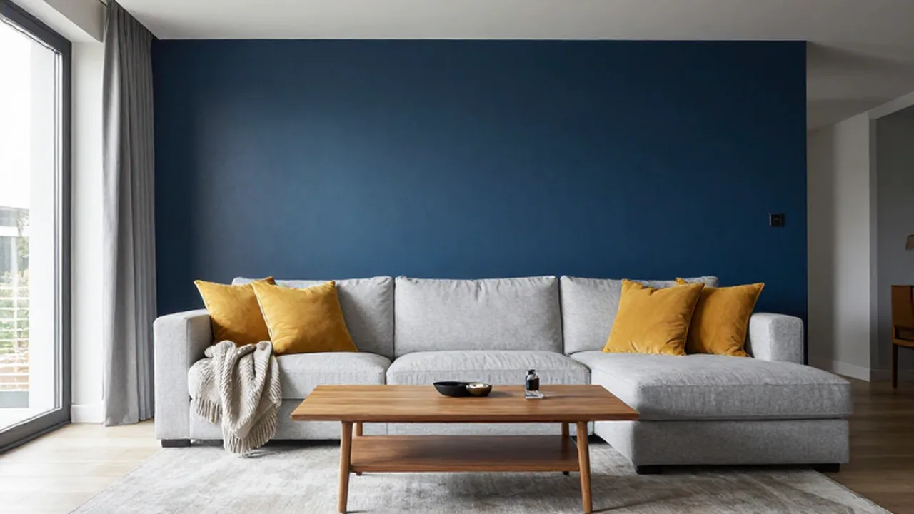 Salón moderno con sofá gris, cojines amarillos y una pared de acento azul marino.