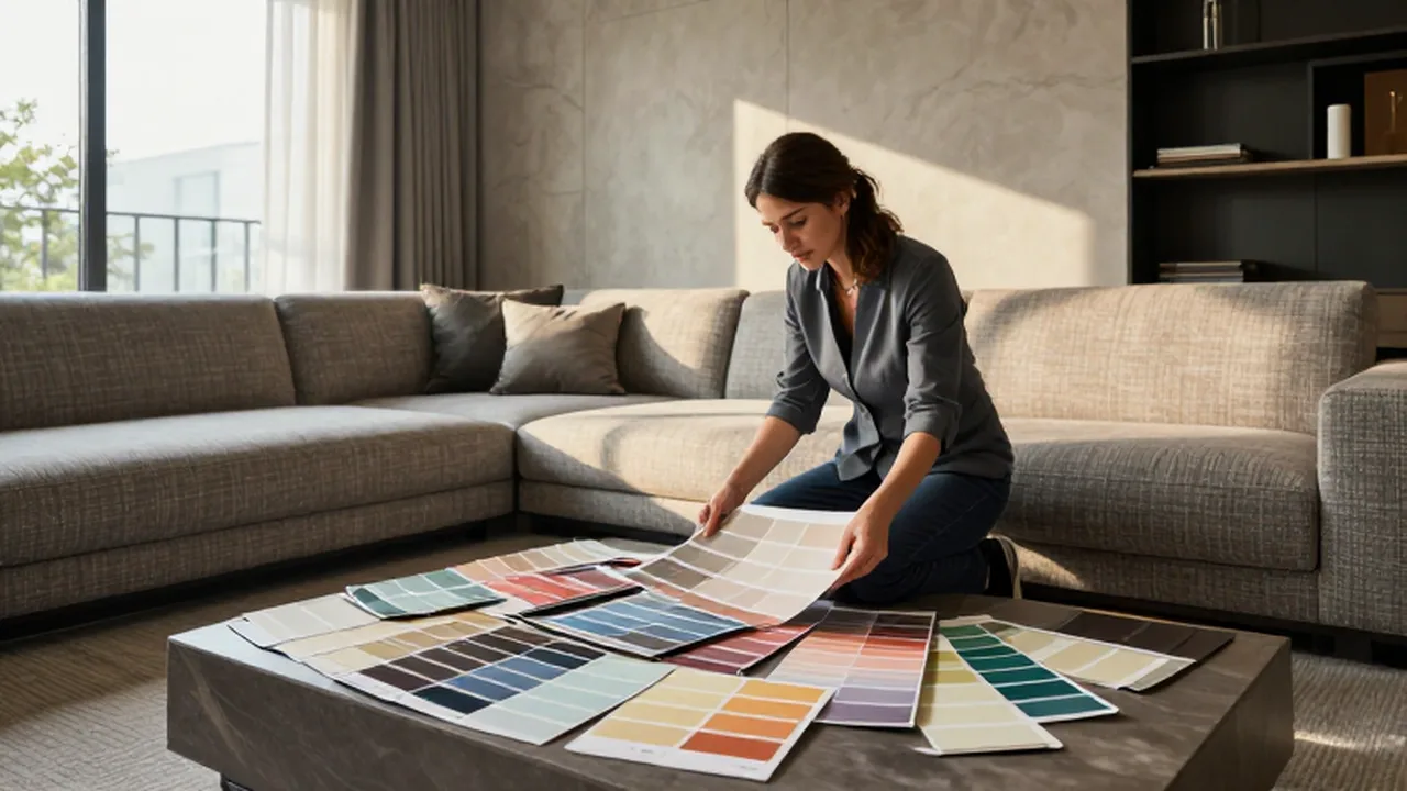 Diseñadora de interiores analiza muestras de colores junto a un cliente en un salón moderno.
