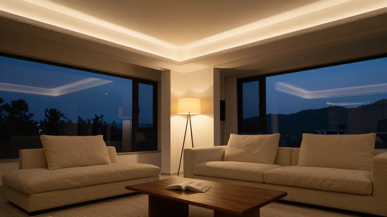 Salón moderno y acogedor con iluminación cálida, un sofá de lino y una lámpara de lectura.