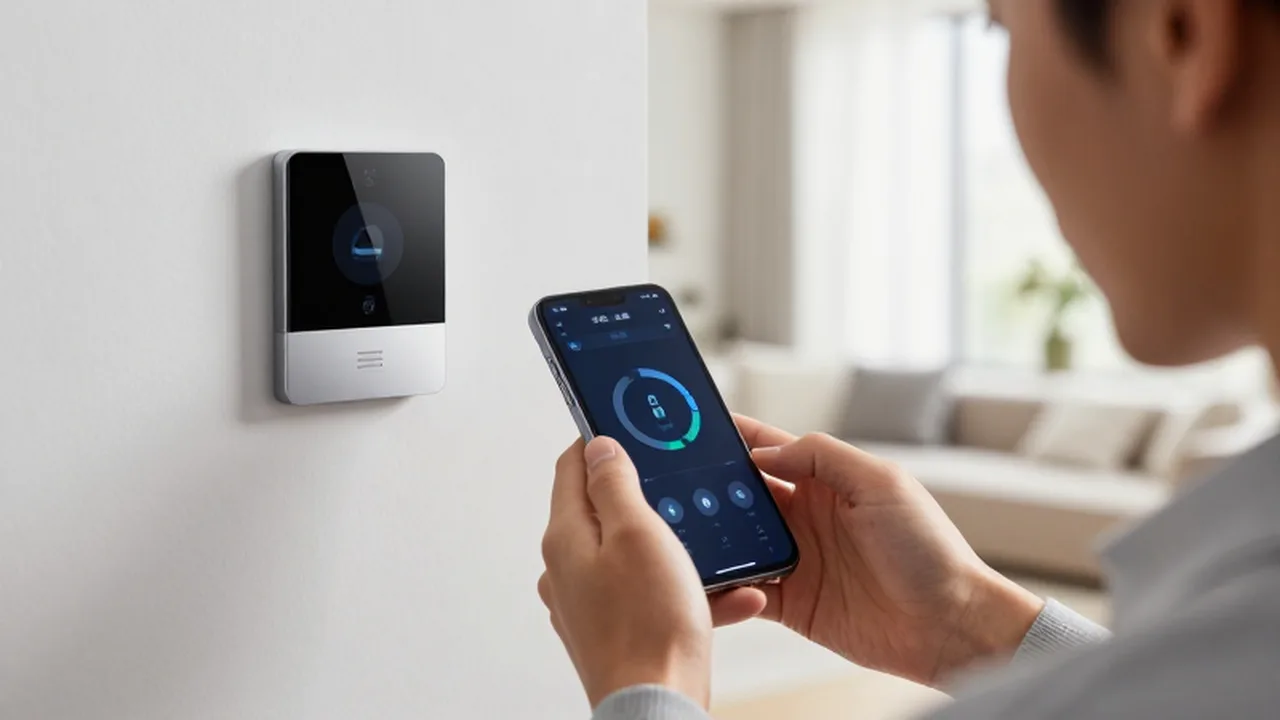 Manos sosteniendo un teléfono inteligente para controlar la seguridad de una vivienda moderna.